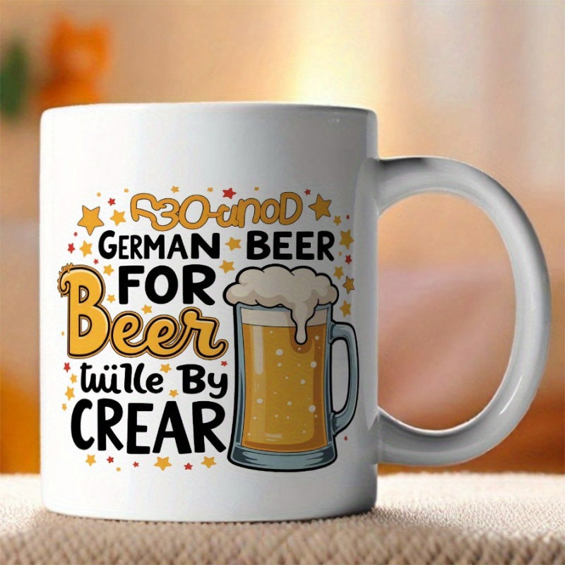 Tailorly White Ceramic 11 oz Mug - German Beer Foamy Glass Filled With Golden Beverage Surrounded By Small Yellow Stars Mug