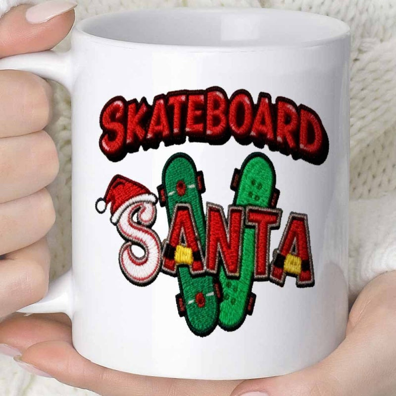Tailorly White Ceramic 11 oz Mug - Skateboard Santa Vibrant Green Skateboards Behind Red Festive Bold Bubble Lettering Christmas Theme Skateboard