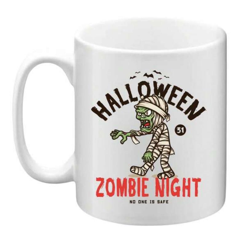 Tailorly White Ceramic 11 oz Mug - Halloween Zombie Night Creepy Walking Cartoon Mummy Wrapped In Bandages Under Flying Bats Zombie