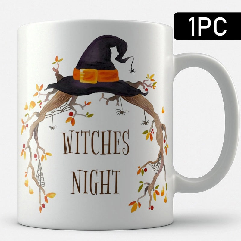 Tailorly White Ceramic 11 oz Mug - Witches Night Pointy Black Magic Hat Resting On Spooky Twisted Autumn Wood Branches Hat