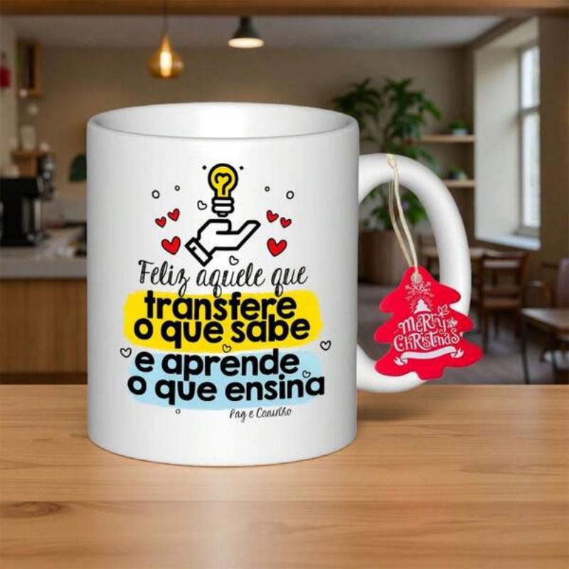 Tailorly White Ceramic 11 oz Mug - Merry Christmas Glowing Light Bulb Held By Hand Among Hearts And Splashes Mug