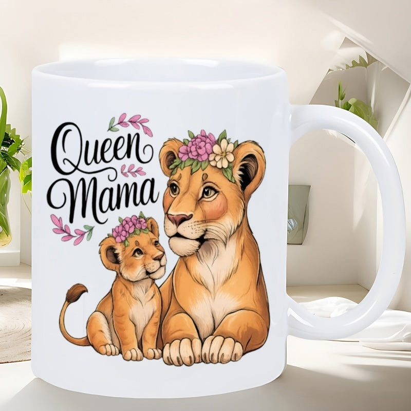 Tailorly White Ceramic 11 oz Mug - Queen Mama Majestic Mother Lion And Cub Adorned With Delicate Colorful Spring Flowers Lion