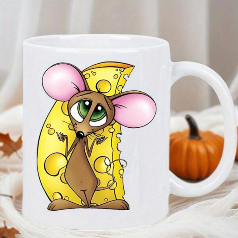 Tailorly White Ceramic 11 oz Mug - Cute Little Brown Mouse Standing Beside Large Piece Of Swiss Cheese Mouse
