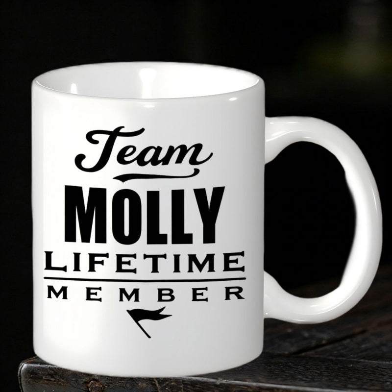 Tailorly White Ceramic 11 oz Mug - Team Molly Lifetime Member Simple Bold Black Typography Design With Decorative Pennant Icon Mug