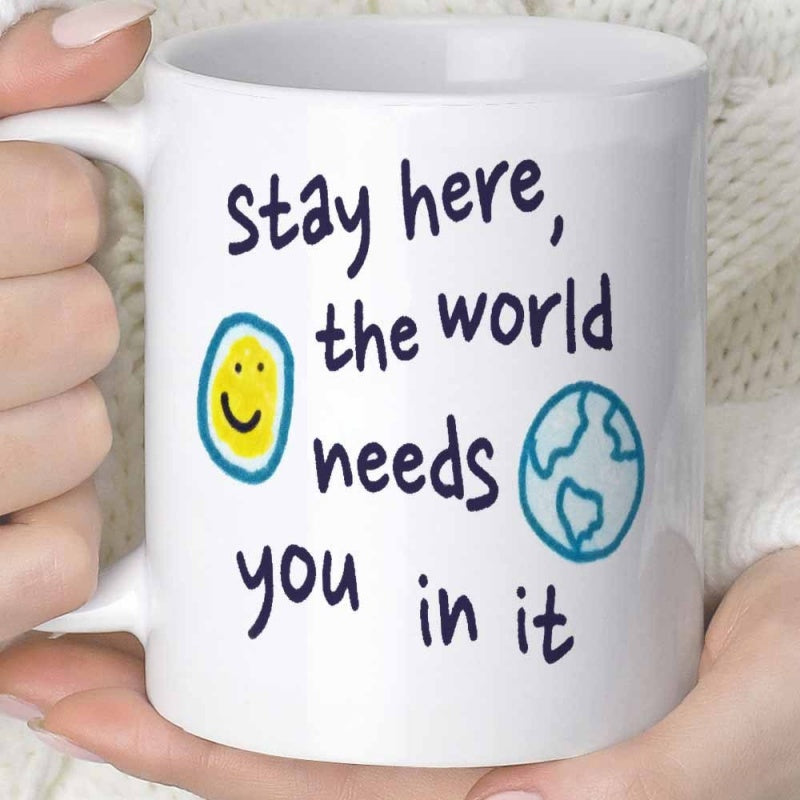 Tailorly White Ceramic 11 oz Mug - Stay Here The World Needs You In It Hand Drawn Yellow Smiley Face Among Minimalist Blue Sketch Earth