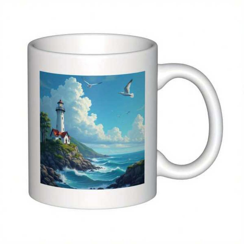 Tailorly White Ceramic 11 oz Mug - Serene Coastal Scene With Waves Crashing Against Rocks Near A Majestic Lighthouse