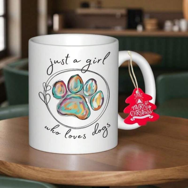 Tailorly White Ceramic 11 oz Mug - Just A Girl Who Loves Dogs Artistic Watercolor Texture Within A Circular Sketch Frame Featuring Delicate Tiny Hearts Paw
