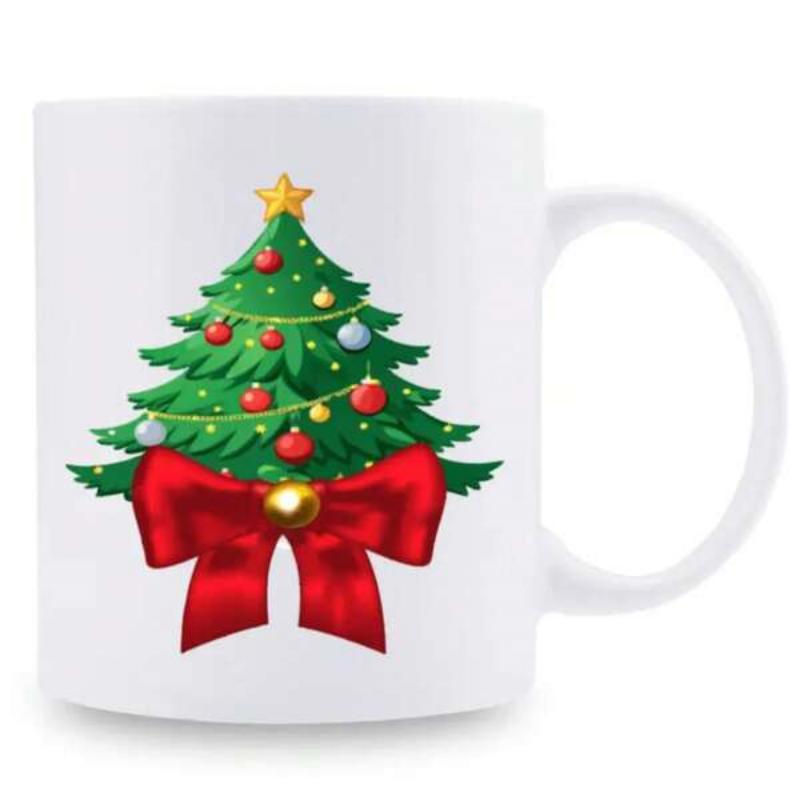 Tailorly White Ceramic 11 oz Mug - Festive Green Decorated With Red Ornaments And Large Silk Bow Christmas Tree
