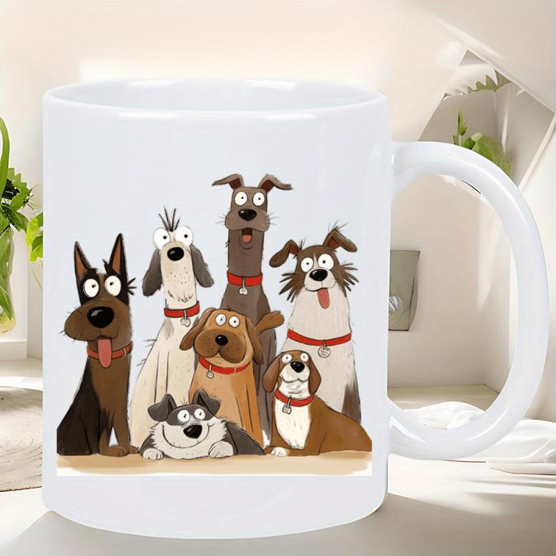 Tailorly White Ceramic 11 oz Mug - Playful Group Of Various Expression Cartoon Puppies Sitting Together Happily Dogs