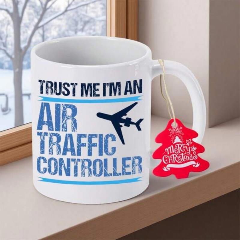 Tailorly White Ceramic 11 oz Mug - Trust Me Im An Air Traffic Controller Minimalist Blue Stripes Surrounding A Professional Modern Aviation Silhouette Airplane