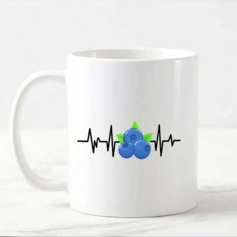 Tailorly White Ceramic 11 oz Mug - Heartbeat Line Connected To Fresh Ripe Blueberries With Green Leaves Blueberry