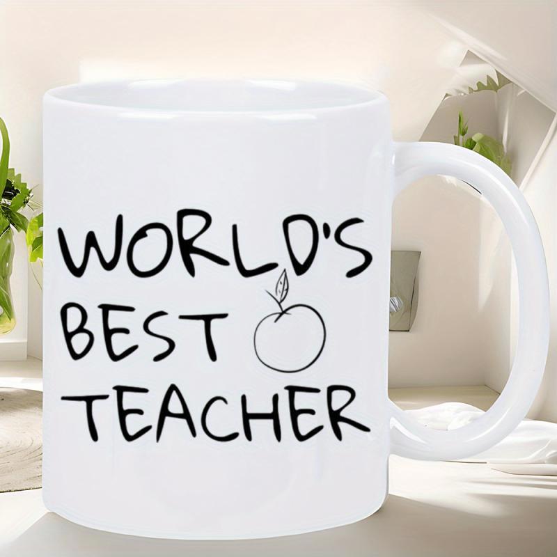 Tailorly White Ceramic 11 oz Mug - World's Best Teacher Simple Minimalist Black Line Art Drawing Of An Apple