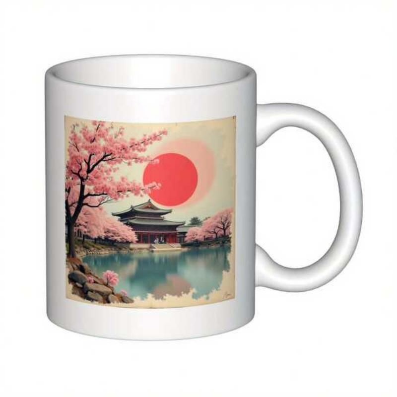 Tailorly White Ceramic 11 oz Mug - Blooming Pink Cherry Blossoms Under Red Sun Beside Serene Lake Pagoda
