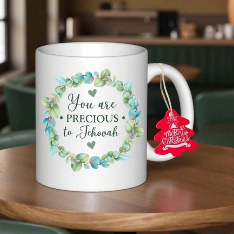 Tailorly White Ceramic 11 oz Mug - You Are Precious To Jehovah Soft Green Watercolor Eucalyptus Leaves Forming A Lush Circular Floral Wreath Mug