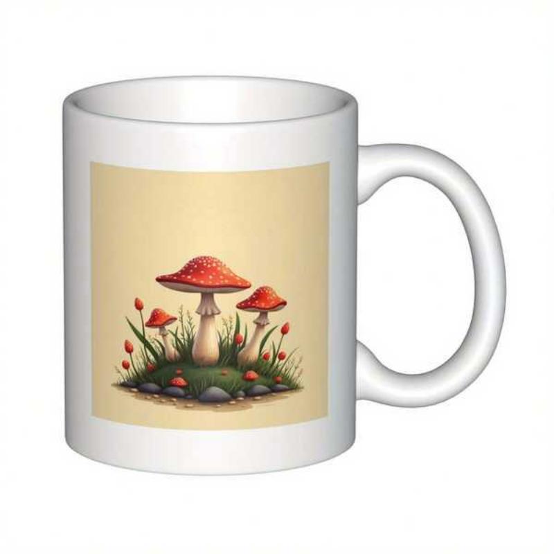 Tailorly White Ceramic 11 oz Mug - Vibrant Red Mushrooms Growing From A Lush Green Mossy Earth Mound Mushroom