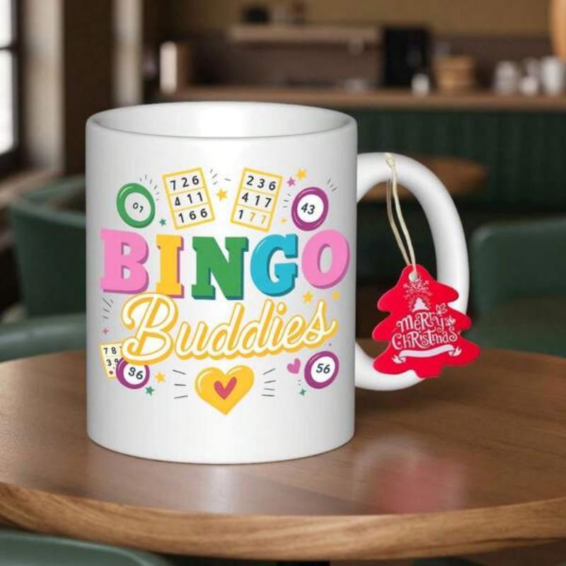 Tailorly White Ceramic 11 oz Mug - Bingo Buddies Colorful Bingo Cards And Numbered Balls Surrounding A Yellow Heart Mug