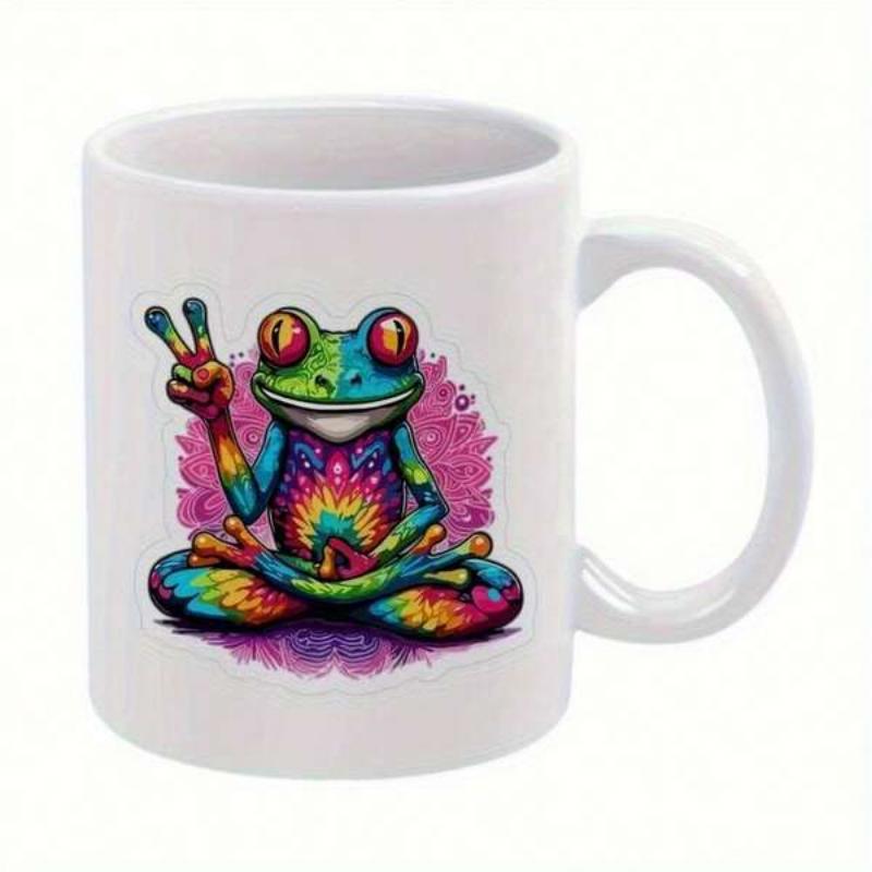 Tailorly White Ceramic 11 oz Mug - Vibrant Colorful Psychedelic Meditating Frog Sitting In Lotus Pose Making Peace Sign Frog
