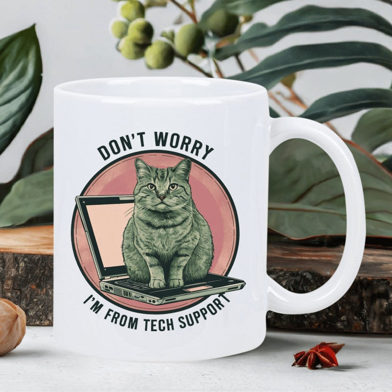 Tailorly White Ceramic 11 oz Mug - Don't Worry I'm From Tech Support Funny Tabby Cat Sitting On Open Laptop Over Pink Circle Background Cat