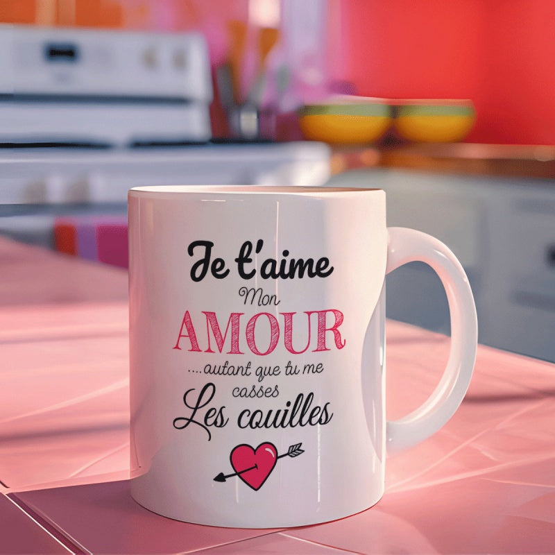 Tailorly White Ceramic 11 oz Mug - Vibrant Pink Heart Pierced By A Sharp Black Tipped Arrow Heart