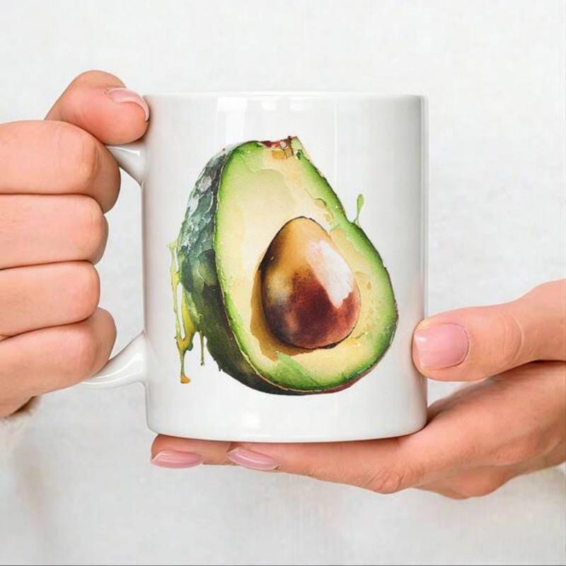 Tailorly White Ceramic 11 oz Mug - Fresh Realistic Sliced Green Fruit With Brown Pit And Textured Skin Avocado