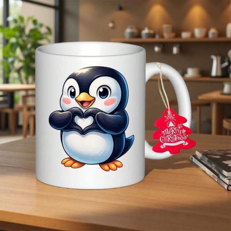 Tailorly White Ceramic 11 oz Mug - Merry Christmas Adorable Little Cartoon Penguin Spreading Love With A Tiny Heart Gesture Penguin