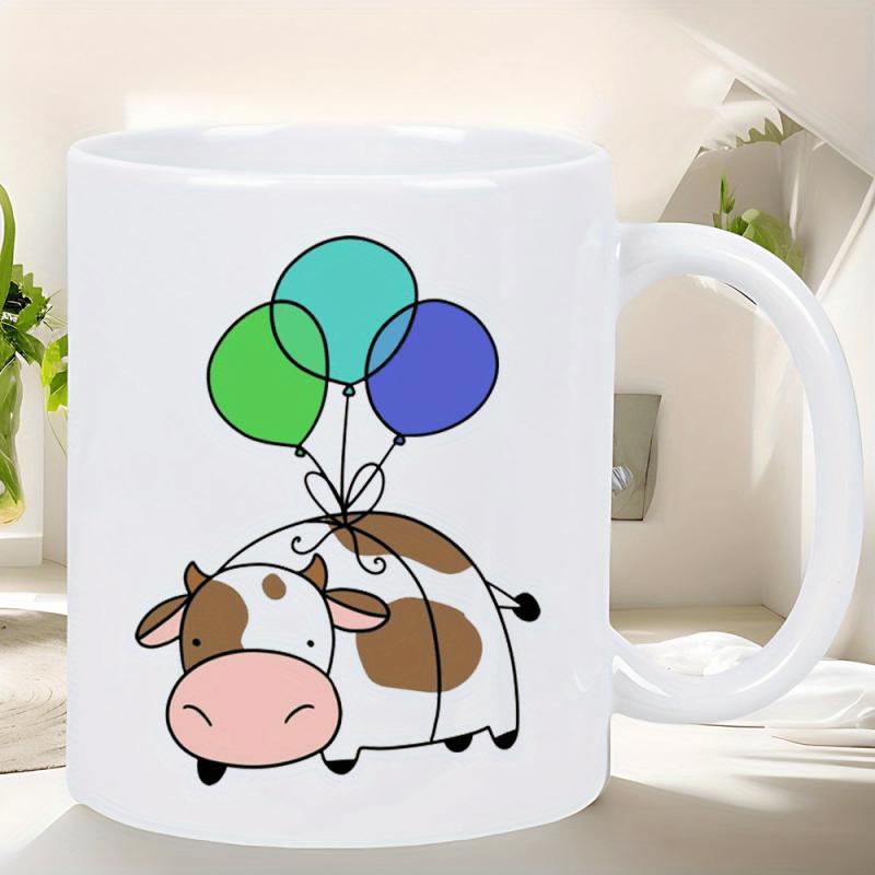 Tailorly White Ceramic 11 oz Mug - Cute Spotted Cartoon Animal Floating With Colorful Round Balloons Cow