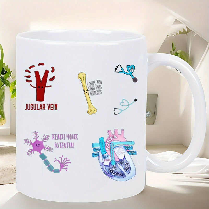 Tailorly White Ceramic 11 oz Mug - Jugular Vein Reach Your Potential Adorable Cartoon Human Organs And Stethoscopes Scattered In A Scientific Arrangement Set