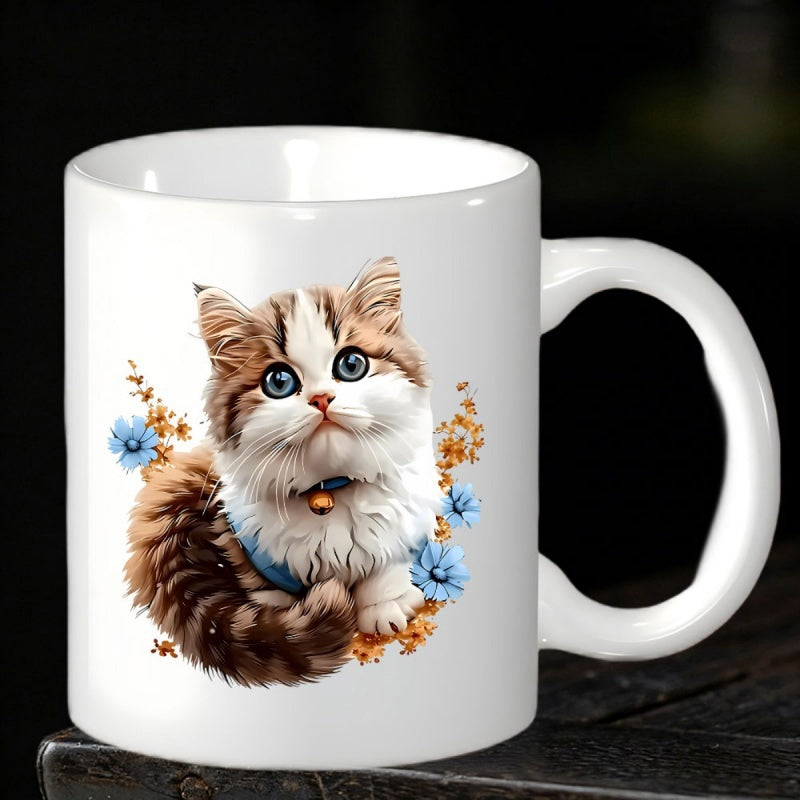 Tailorly White Ceramic 11 oz Mug - Adorable Fluffy Kitten With Blue Eyes Surrounded By Delicate Small Flowers Cat
