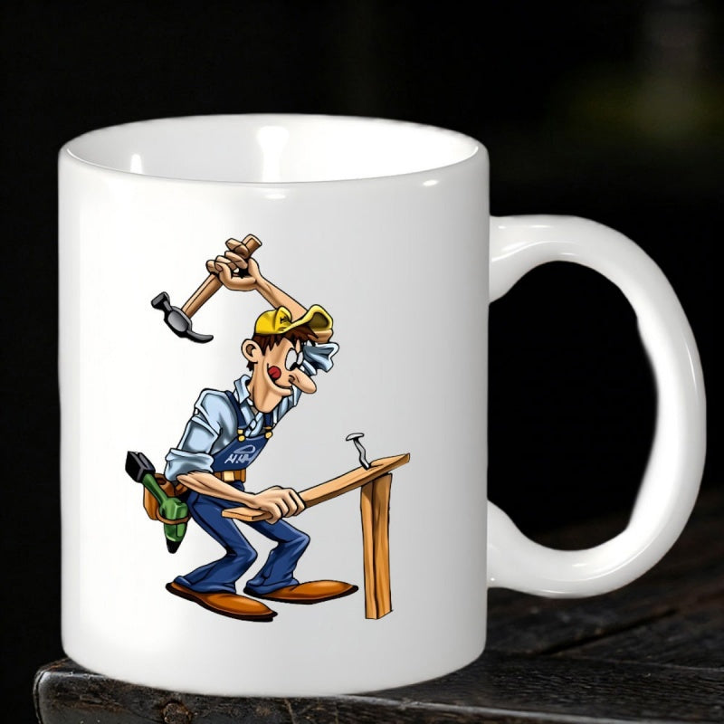 Tailorly White Ceramic 11 oz Mug - Funny Cartoon Handyman Hammering A Nail Into A Wooden Board Carpenter