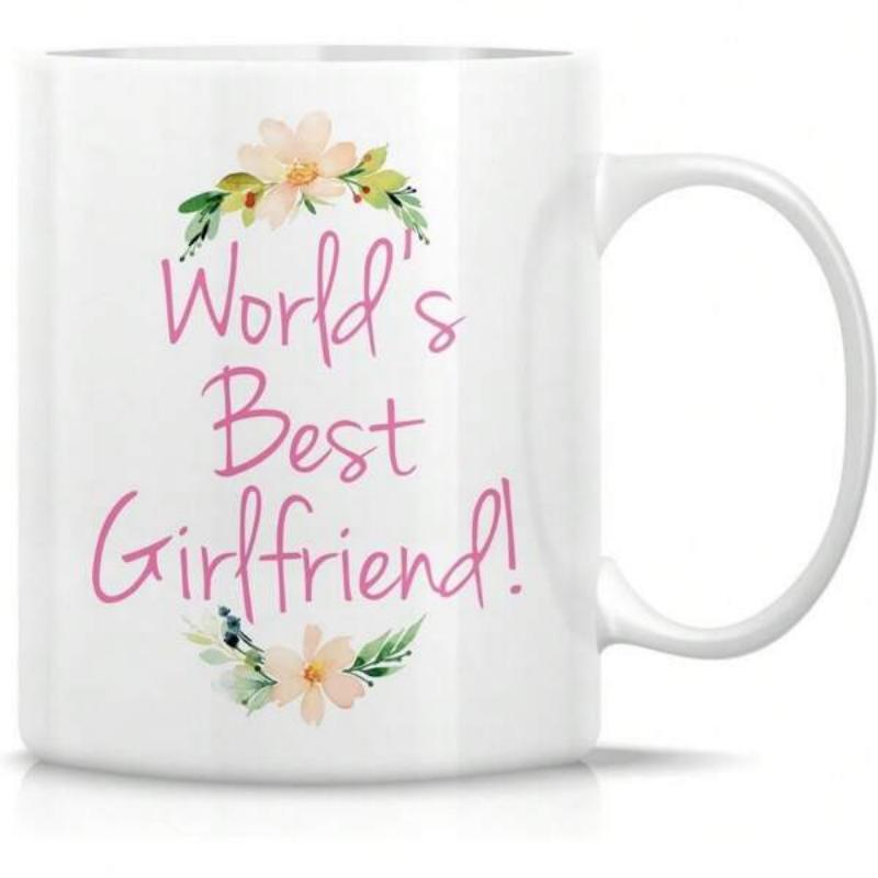 Tailorly White Ceramic 11 oz Mug - Worlds Best Girlfriend Delicate Hand Painted Watercolor Floral Wreath With Elegant Pastel Green Leaves Mug