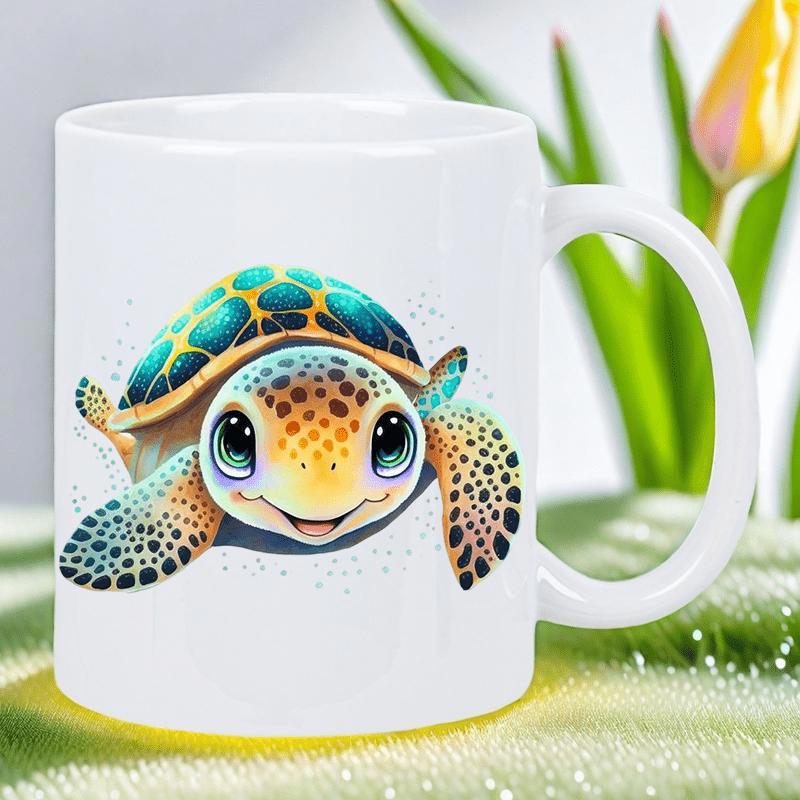Tailorly White Ceramic 11 oz Mug - Vibrant Teal Patterned Shell Baby Turtle Swimming Through Calm Tropical Waters Sea Turtle