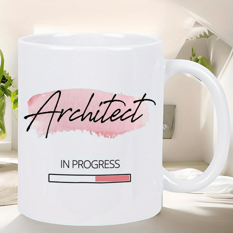 Tailorly White Ceramic 11 oz Mug - Architect In Progress Minimalist Script Font Over Pink Brushstroke With Status Bar Loading Bar