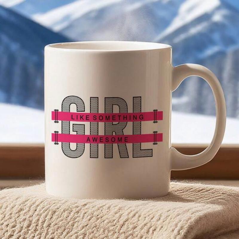 Tailorly White Ceramic 11 oz Mug - Girl Like Something Awesome Bold Gray Block Letters Featuring Two Horizontal Pink Decorative Stripes Typographic Design