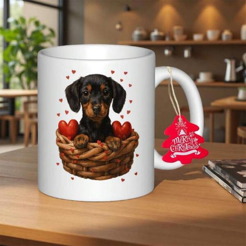 Tailorly White Ceramic 11 oz Mug - Cute Black And Tan Puppy Sitting Inside Woven Basket With Red Hearts Dachshund