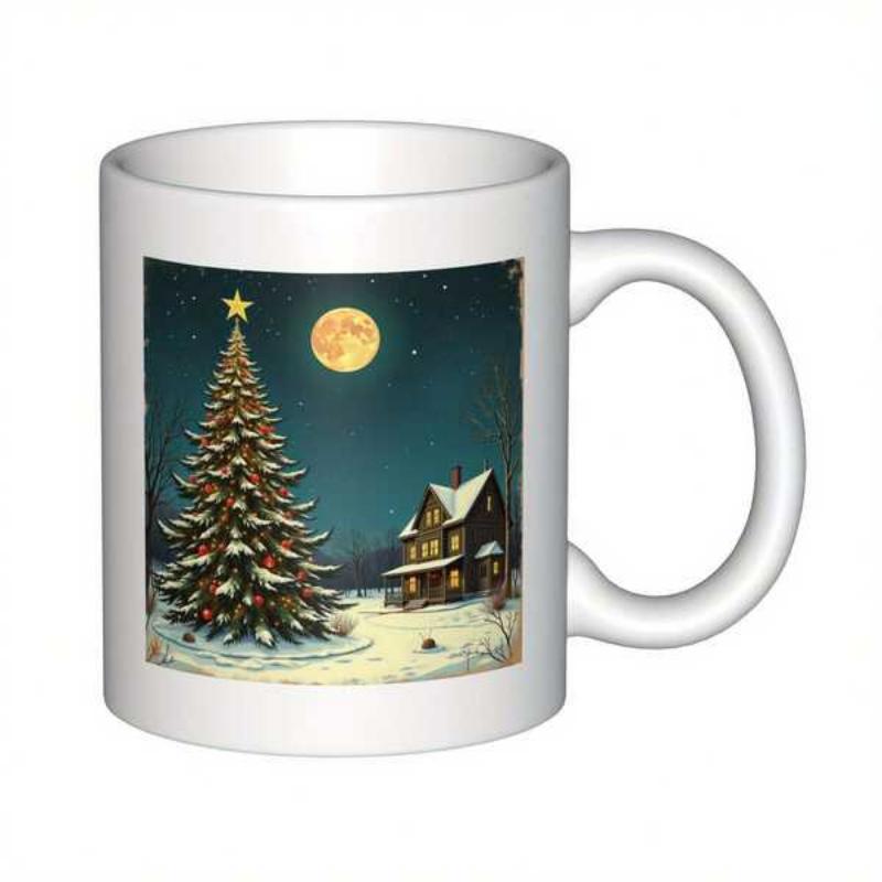 Tailorly White Ceramic 11 oz Mug - Snowy Winter Night With Full Moon Shining Over A Small House Christmas Tree