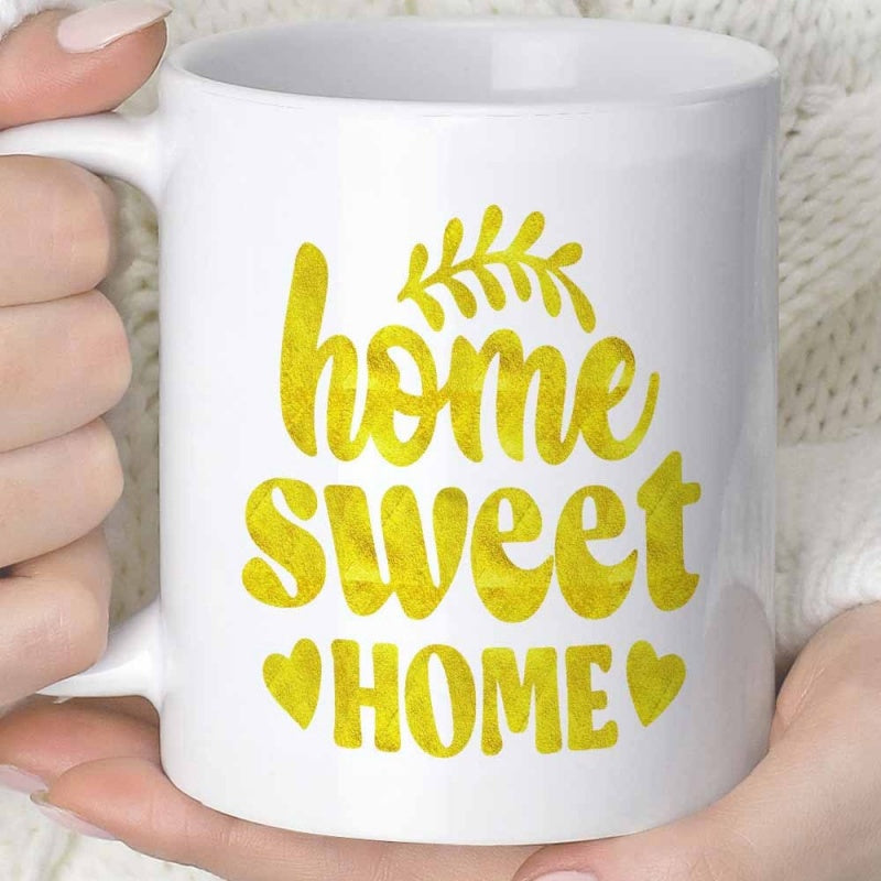 Tailorly White Ceramic 11 oz Mug - Home Sweet Home Yellow Textured Artistic Lettering With Decorative Leaf Flourish And Small Hearts Mug