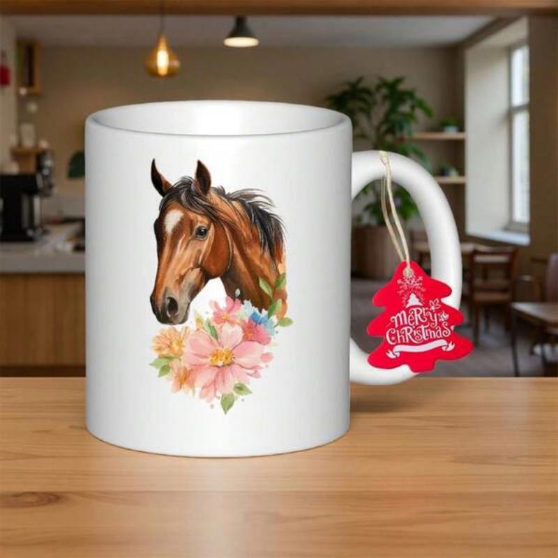 Tailorly White Ceramic 11 oz Mug - Merry Christmas Majestic Brown Horse Head Surrounded By Delicate Pink Blooming Flowers And Greenery Horse