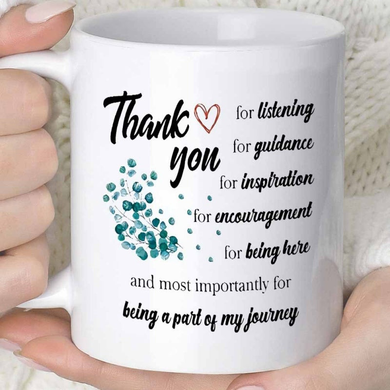 Tailorly White Ceramic 11 oz Mug - Thank You For Being A Part Of My Journey With Elegant Green Botanical Leaves And Hand Drawn Heart Mug