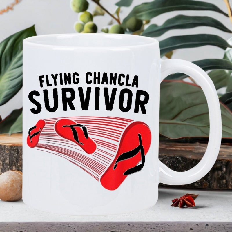 Tailorly White Ceramic 11 oz Mug - Flying Chancla Survivor Vibrant Red Sandals Flying Through The Air With Swift Motion Lines Flipflop