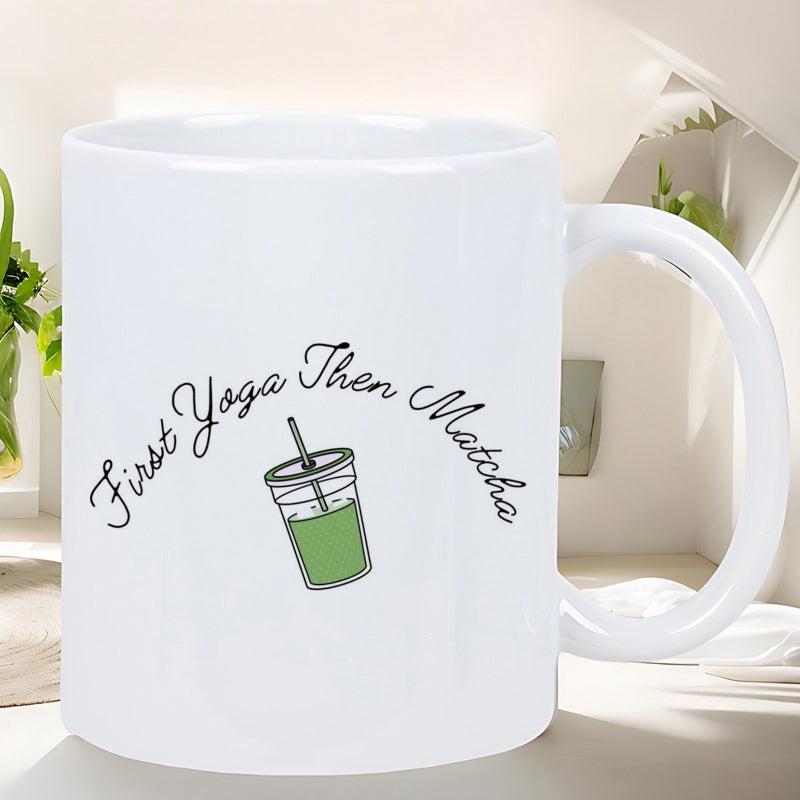 Tailorly White Ceramic 11 oz Mug - First Yoga Then Matcha Minimalist Illustration Of Healthy Matcha Drink Inside Clear Plastic Cup