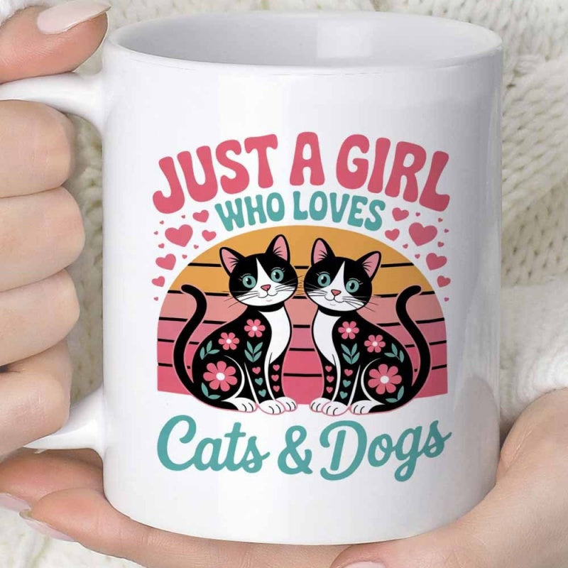 Tailorly White Ceramic 11 oz Mug - Just A Girl Who Loves Cats Dogs Two Tuxedo Cats With Floral Patterns Under A Retro Striped Sunset Cats