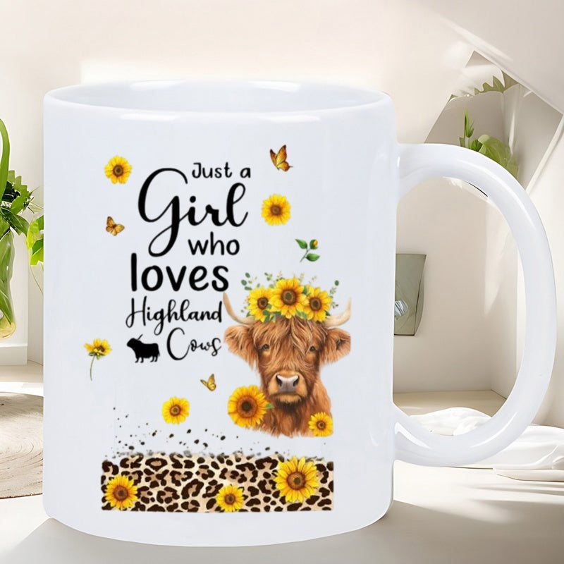 Tailorly White Ceramic 11 oz Mug - Just A Girl Who Loves Highland Cows Rustic Design Featuring Sunflowers With Butterflies And Leopard Print Cow