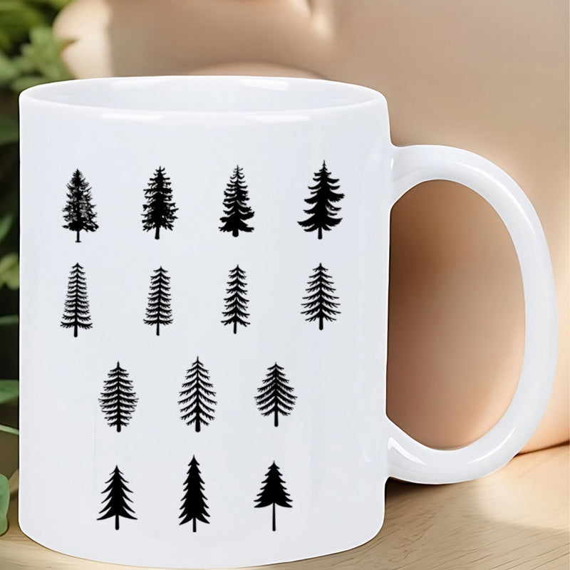 Tailorly White Ceramic 11 oz Mug - Minimalist Black Forest Evergreen Silhouette Pines Standing In A Clean Grid Pine