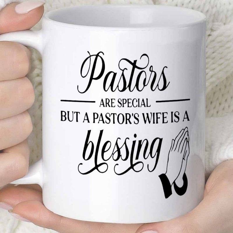 Tailorly White Ceramic 11 oz Mug - Pastors Are Special But A Pastors Wife Is A Blessing Simple Minimalist Line Art Drawing Of Two Hands Folded In Prayer Hands