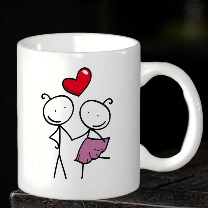 Tailorly White Ceramic 11 oz Mug - Minimalist Hand Drawn Line Art Of Romantic Duo Under Radiant Heart Couple