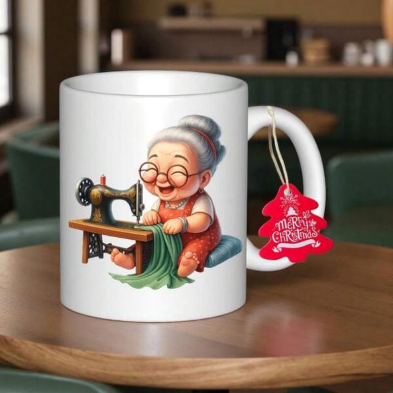 Tailorly White Ceramic 11 oz Mug - Vintage Sewing Scene With Happy Elderly Lady Stitching Green Cloth Grandmother