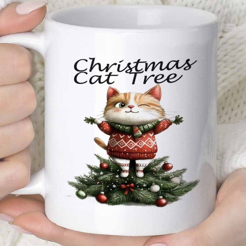 Tailorly White Ceramic 11 oz Mug - Christmas Cat Tree Adorable Winking Ginger Wearing A Festive Red Sweater Atop Pine Cat