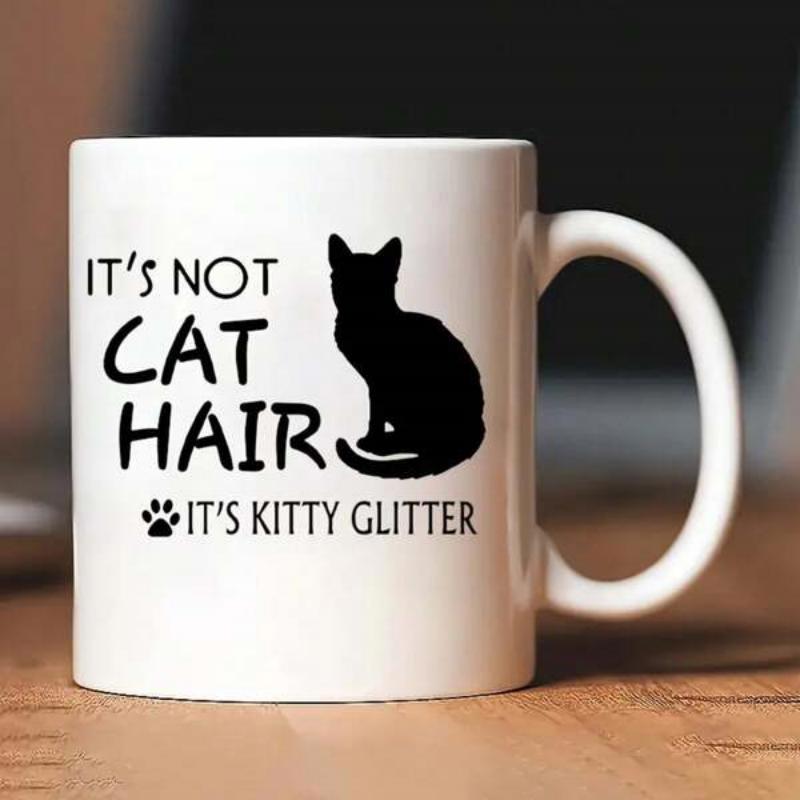 Tailorly White Ceramic 11 oz Mug - Its Not Cat Hair Its Kitty Glitter Sleek Black Silhouette Of A Sitting Pet Among Delicate Paw Print Cat