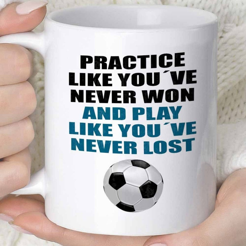 Tailorly White Ceramic 11 oz Mug - Practice Like Youve Never Won And Play Like Youve Never Lost Classic Black And White Patterned Ball Resting Beneath Bold