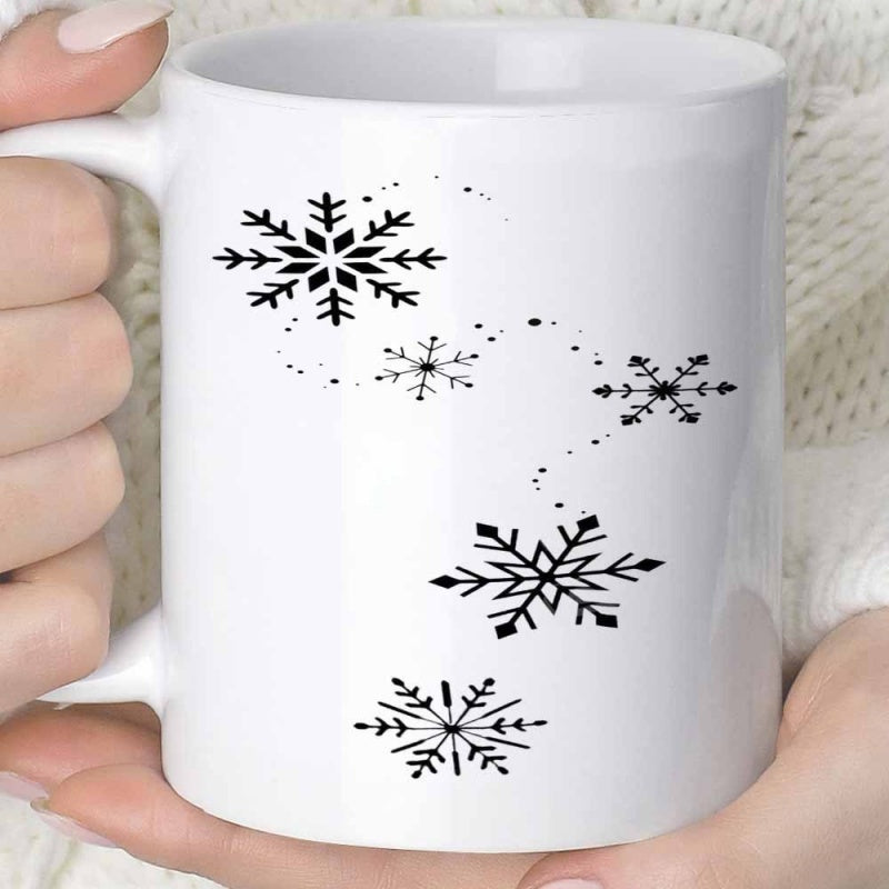 Tailorly White Ceramic 11 oz Mug - Delicate Black Patterns Drifting Among Faint Dotted Trails Seasonal Snowflake